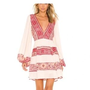 Free People My Love Mini Dress Tea Combo Red Pink Bohemian V-Neck Sz xs